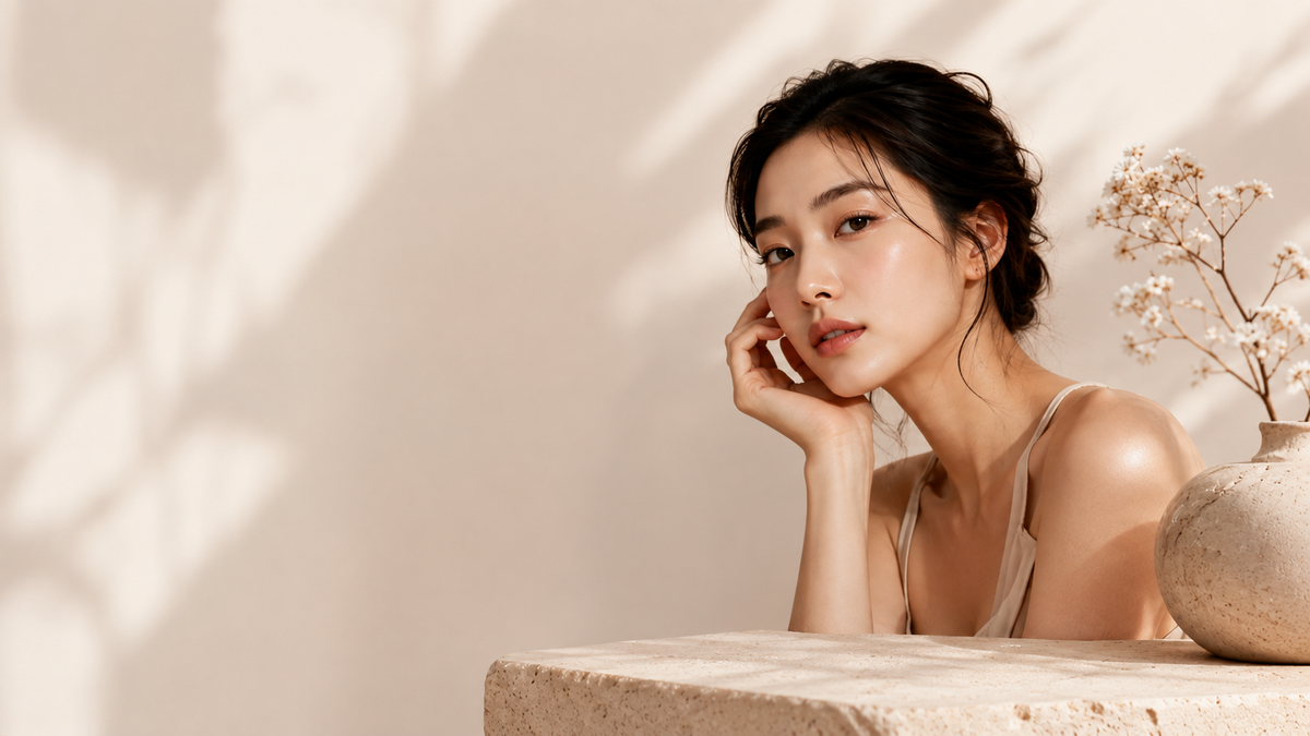 A woman with dark hair tied back leans on a stone ledge in a warm, sunlit setting with soft shadows. She wears a light beige spaghetti-strap top, and a small vase with dried white flowers sits on the right side.
