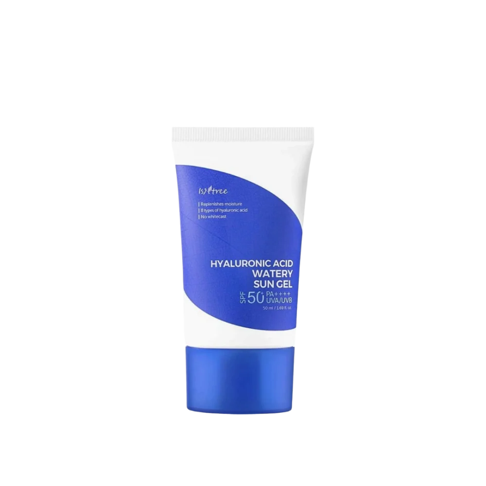 A squeeze tube of inTree Hyaluronic Acid Watery Sun Gel SPF 50, featuring a white and blue design with a metallic blue cap, set against a plain white background.